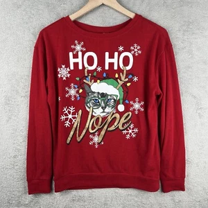 No Boundaries Womens Sweater Red HoHo Nope Cat Size Small Christmas Holiday - Picture 1 of 10
