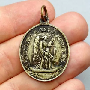 Saint Guardian Angel. Antique Religious Pendant. Large Medal. - Picture 1 of 7