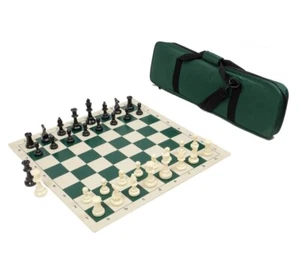 Green Deluxe Chess Set with Triple Weighted Pieces - Deluxe Bag - Vinyl Board - Picture 1 of 5