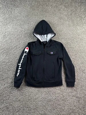 Толстовка с капюшоном Champion для мальчиков средний размер черная белая с надписью на молнии детская - Изображение 1 из 4