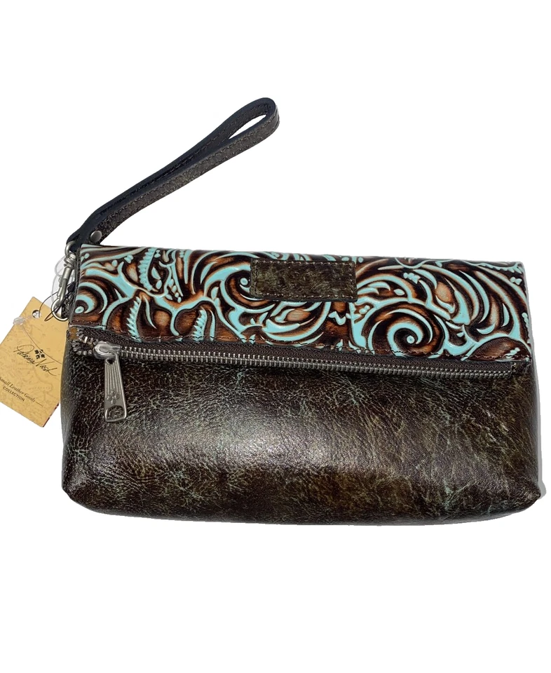 Patricia Nash Valerie Tooled Turquoise Leather Clutch Wristlet Bag