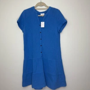 J Jill Women Tiered Shift Dress Cyan Blue Cotton Gauze Short Sleeve Button Small - Picture 1 of 8