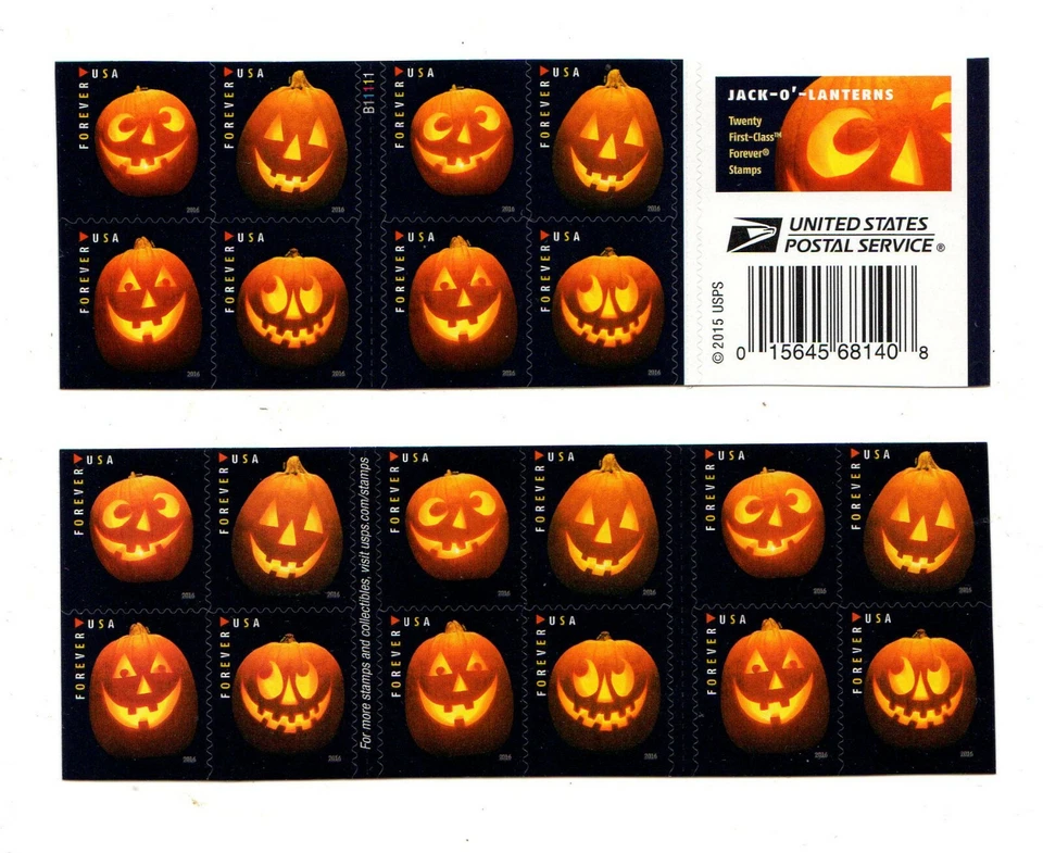USPS 20 HALLOWEEN JACK O LANTERN FOREVER US POSTAGE STAMPS 2015 BOOKLET PUMPKINS - Image 1 of 1
