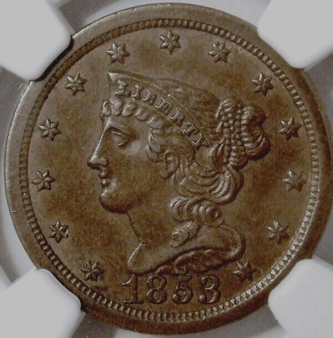 1853 BRAIDED HAIR HALF CENT, C-1, EXCEPTIONAL CONDITION, NGC GRADED AU 58 BN Cover