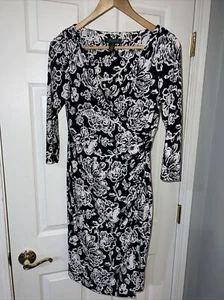 Ralph Lauren Dress Womens 3/4 Long Sleeve Stretch Black & White Floral Size 6 P - Picture 1 of 8