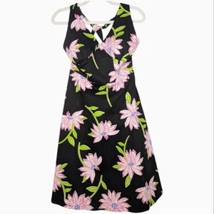 Vintage 90s Rockabilly Retro Dress Black Floral Print Tie Back Halter Neck SZ 10 - Picture 1 of 7