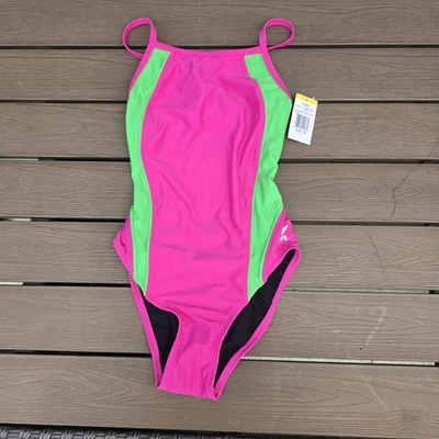 TYR Women's Nylon Neon Pink/green Diamondfit 1 Pc Swimsuit Size 36  NEW  - Image 1 of 3