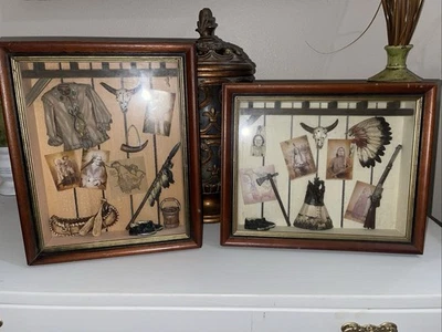 Juego de 2 decoraciones de pared con marco de madera caja de sombra diorama tema indio vintage Foto 1 de 3