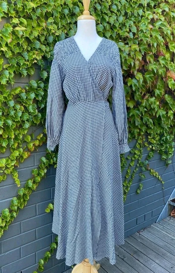 KINNEY BLUE DENIM GINGHAM WRAP MIDI DRESS  SZ Large 12  14 Lolita Dress - image 1 of 4