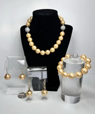 LUC 925 CN Gilt Sterling Silver Large Yellow Pearl Necklace Bracelet Earring Set - Image 1 of 4