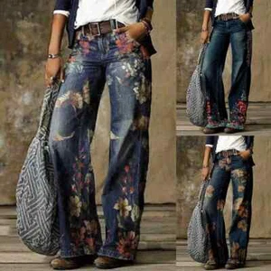 Women Ladies Floral Denim Jeans High-Waist Bell-bottom Wide Leg Street Pants... - Picture 1 of 15