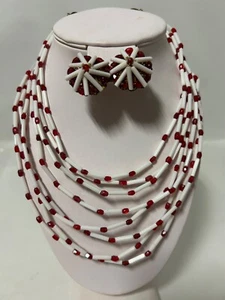 Vintage White Milk Glass W/ Red Crystal 8 Strand Bead Necklace & Clip Earrings - Picture 1 of 15