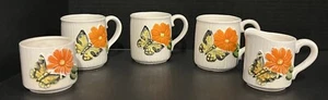 Vtg 1970’s Japan Orange Flower Butterfly Coffee Mugs And Creamer/Sugar Set Of 5 - Picture 1 of 14