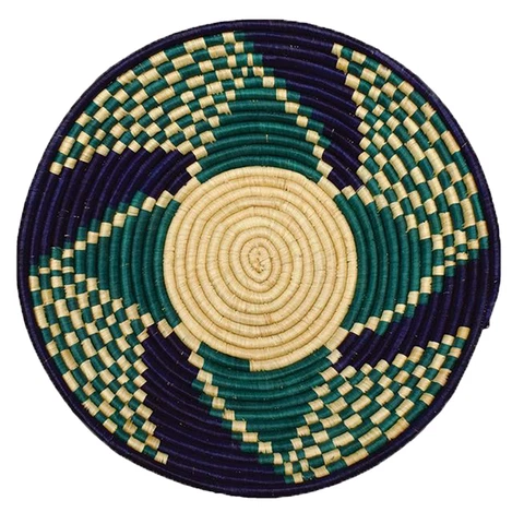 Blue and Teal Checkered Design Fruit or Display African Basket Handwoven Home Cover