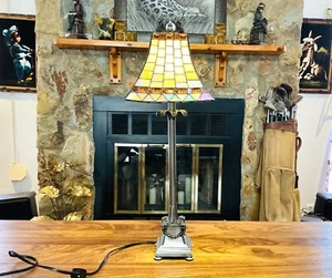 Tiffany Style Stained Glass Table Lamp 24” tall with Metal Base Rams Head Base - Picture 1 of 10