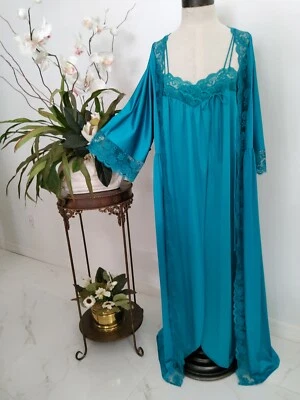 NOVO VINTAGE MAIDENFORM 2 PEÇAS CAMISOLA E ROUPÃO LOTES DE RENDA AZUL VERDE NÁILON GRANDE - Imagem 1 de 4