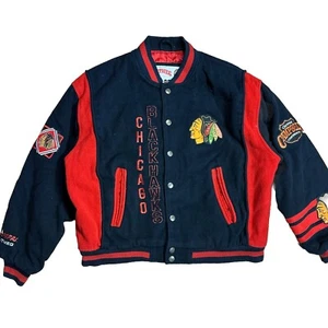 Vintage 90s Chicago Blackhawks Wool Varsity Type Jacket NHL Hockey Nutmeg Sz L - Picture 1 of 12