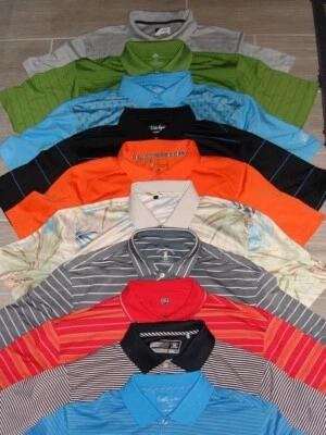 LOT-10 NIKE, BOBBY JONES, F&G, IZOD ECT. STRIPED POLY S/S POLO SHIRTS W/LOGOS L - Image 1 of 4