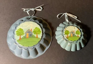 VTG Miniature Metal Pans Molds Handpainted Houses 2 Sizes Hanging Ornament AS IS - Picture 1 of 2