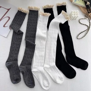 LACE TRIM RUFFLE CABLE KNIT THIGH HIGH BOOT SOCKS STOCKINGS WINTER TIGHTS LOLITA - Picture 1 of 13