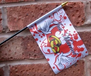 JUST MARRIED HAND WAVING FLAG Small 6" x 4" with black pole WEDDING PARTY BRIDE - Picture 1 of 1