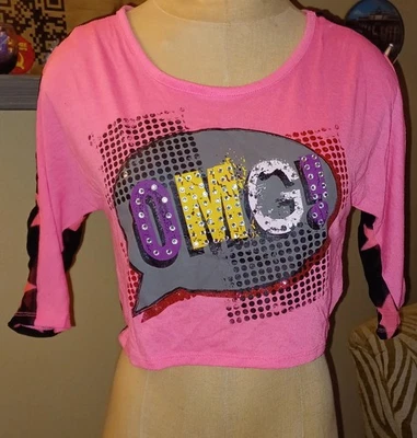 Y2K бонго OMG! Рубашка укороченный топ с коротким рукавом большая 10/12 прозрачные звезды стразы - Изображение 1 из 4