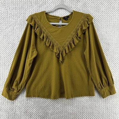 Top J Crew Mujer L Mostaza Volantes Ribete Panal Tejido Algodón Cuello Redondo Agujero para Llave Foto 1 de 4