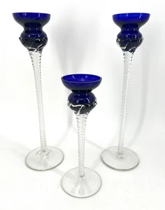 3er Set - Kerzenständer Kolonie Pirouette blau - Kobalt Schale gedrehte Spiralstiele - Bild 1 von 6