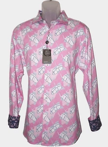 Camisa de manga larga QUIETI para hombre grande elástica rosa patrón floral puños abatibles nueva con etiquetas - Imagen 1 de 9