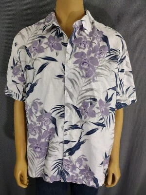 Camisa informal SS de The HAVANERA Co. para hombre XXL crema lino mezcla de algodón floral púrpura Foto 1 de 4