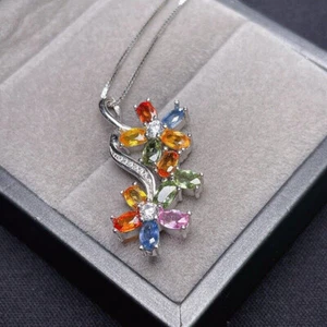 Natural Multi Color Sapphire Flower Pendant Necklace 14K White Gold Cover Silver - Picture 1 of 7