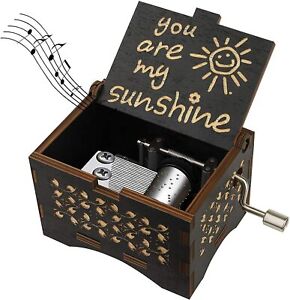 You are My Sunshine Music Box,Vintage Hand Crank Wood Engraved Small Personalized Black Musical Box Gift Kids Toy Present for Birthday/Christmas/Valentines Day/Mother's Day 