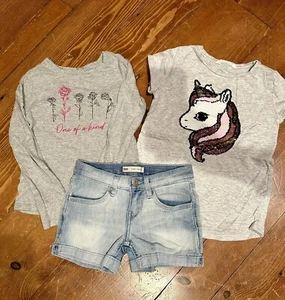 Girls Levi’s Gap H&M Lot 2 Tees & Denim Shorts Sz 6-7 - Picture 1 of 5