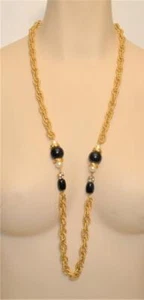 Signed GIVENCHY Goldtone Faux Pearls Black Balls Rhinestones 32" Chain Necklace - Picture 1 of 4