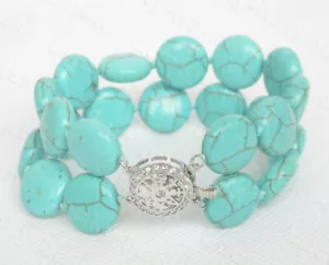 AAA natural 8" 2row 15mm round coin sky-blue turquoise bracelet 925sc clasp - Picture 1 of 3