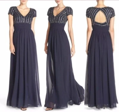 JS COLLECTIONS Navy Silver Beaded Sequin Embellished Chiffon Maxi Empire Gown 2 - Image 1 of 4