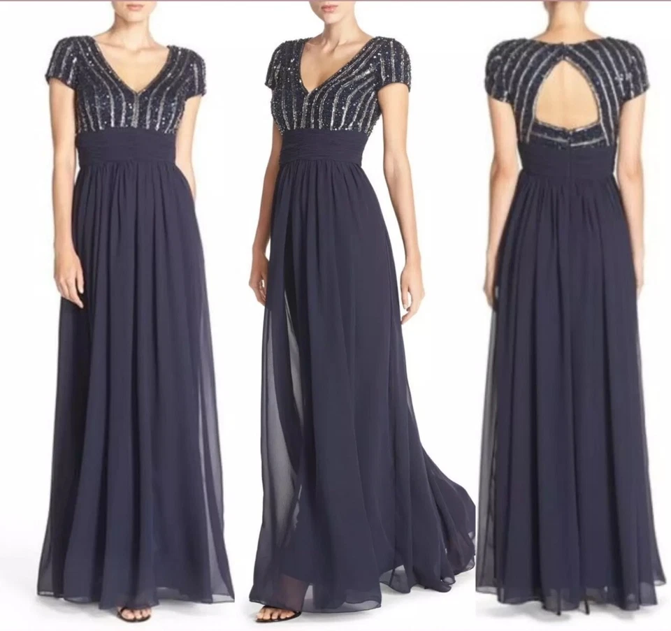 JS COLLECTIONS Navy Silver Beaded Sequin Embellished Chiffon Maxi Empire Gown 2 - Image 1 of 4