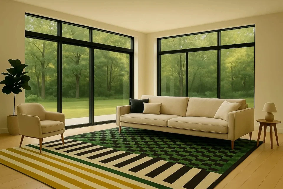 Tapis touffeté à la main - design en damier avec rayures audacieuses - Photo 1/4