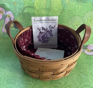 1994 LONGABERGER Basket With Floral Liner Leather Handles 6.5” Round; Signed - Picture 1 of 2