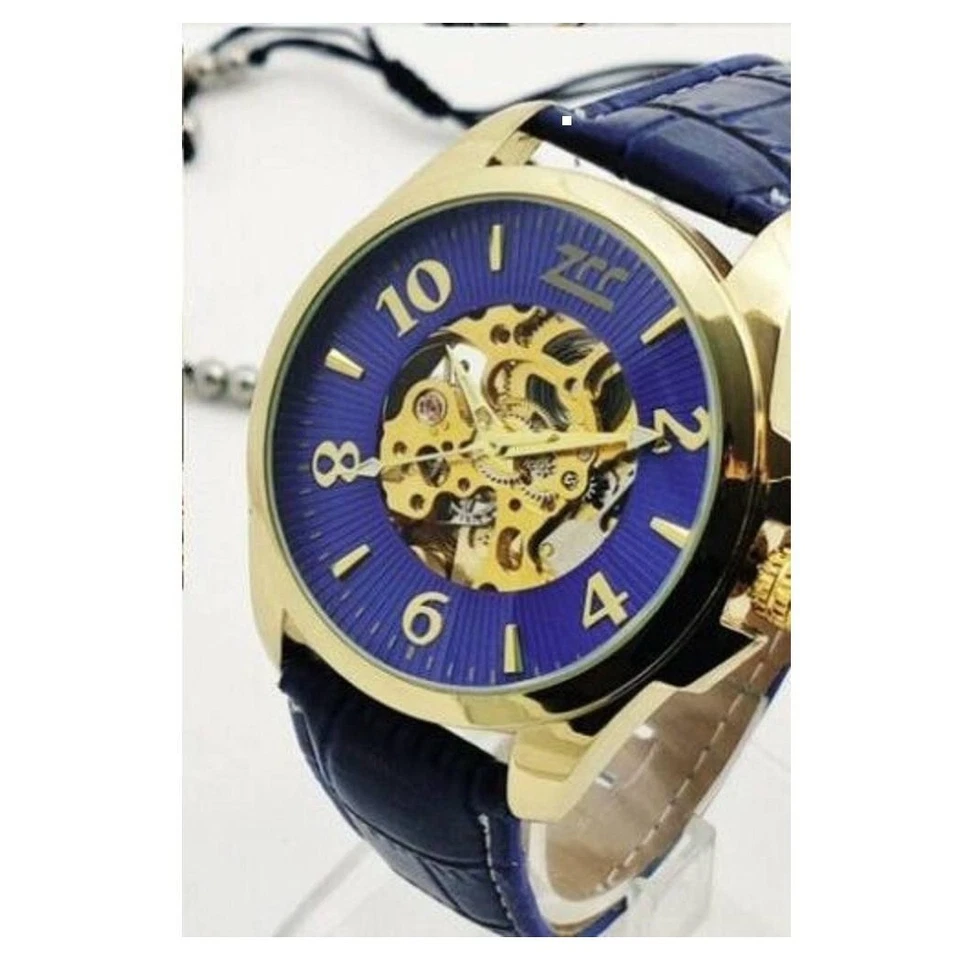 OROLOGIO POLSO ZCC UOMO AUTOMATICO ANALOGICO CINTURINO PELLE CASUAL BLU DORATO - Immagine 1 di 1