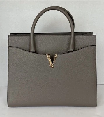 Versace Virtus Grainy Calf Leather Grey Large Top Handle Bag  NWT $ 2100 - Image 1 of 4