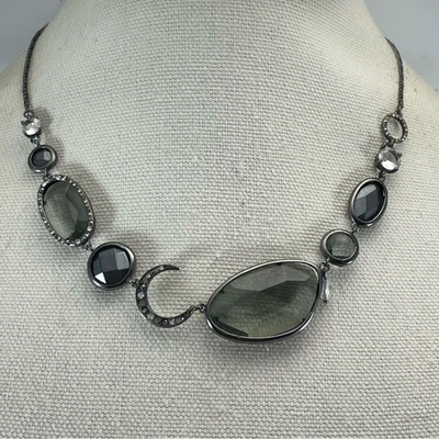 Fossil Black Gunmetal Tone Smoke Glass Rhinestone Celestial Necklace Statement - Изображение 1 из 4