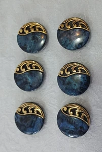 Juego De 6 Botones Vintage Años 80 90 Plástico 1" Grande Azul Shell Look Tono Dorado - Imagen 1 de 8