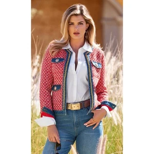 Boston Proper Tweed Denim und Kettenbesatz Jacke rot Damengröße 16 neu adrett - Bild 1 von 13