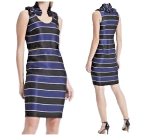 Banana Republic Dress Sz 4 Blue Black Satiny Striped Ruffle Neck Mobwife NWT - Picture 1 of 7