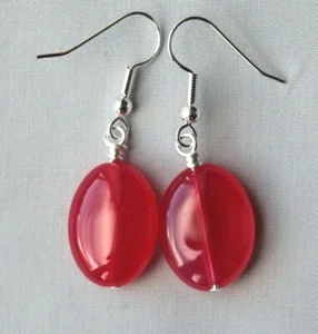 ORANGE / RED AGATE PUFFY OVAL DROP EARRINGS ~ SILVER PLATED - Picture 1 of 1