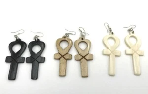 Vintage Ankh Earrings Carved Buffalo Bone Jewelry Set of 3 in Three Colors - Picture 1 of 1