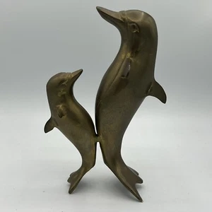 VINTAGE Brass Dolphin Mother and Baby Figurine Sculpture Statue Made India - Picture 1 of 7
