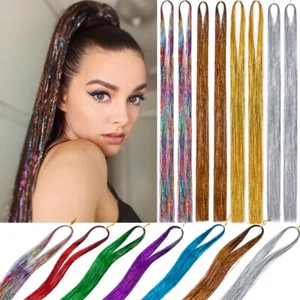 200 Strands Holographic Sparkle Women Long Hair Tinsel Extensions Glitter RAVE - Picture 1 of 66