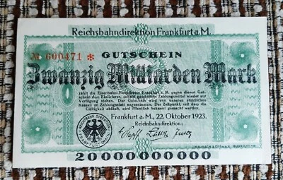 Germany, Reichsbahndirektion Frankfurt - 20 billion mark 1923 - MG 008 7c - UNC - Image 1 of 2
